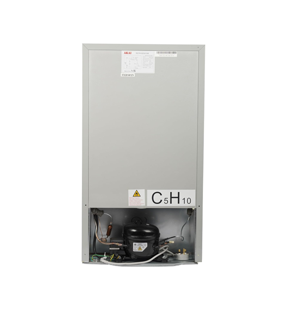AKAI RFMA-K140S 140L Gross/ 90L Net Single Door Refrigerator — Tropical Climate Rated, Reversible Door, Silver | Staff Accommodation, Labour Camps & Offices