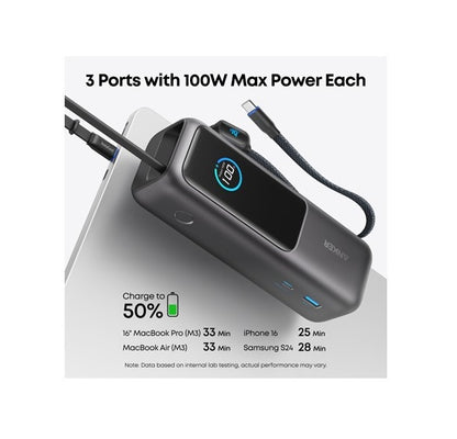Anker A1695H11 Multi-Device Power Bank, 25000mAh, 165W, Charges Laptop + Phone + Tablet, Built-In Cables, Space Black