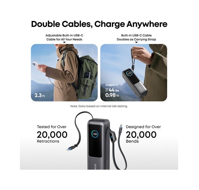 Anker A1695H11 Multi-Device Power Bank, 25000mAh, 165W, Charges Laptop + Phone + Tablet, Built-In Cables, Space Black