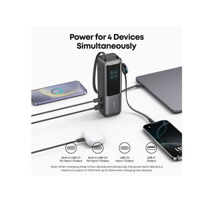 Anker A1695H11 Multi-Device Power Bank, 25000mAh, 165W, Charges Laptop + Phone + Tablet, Built-In Cables, Space Black