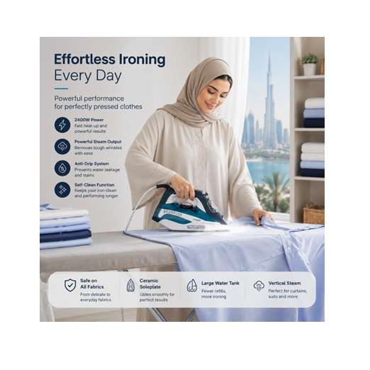 BLACK+DECKER X2150-B5 Steam Iron, 2400W, Ceramic Soleplate, 380ml Tank, 99 Steam Holes — Blue