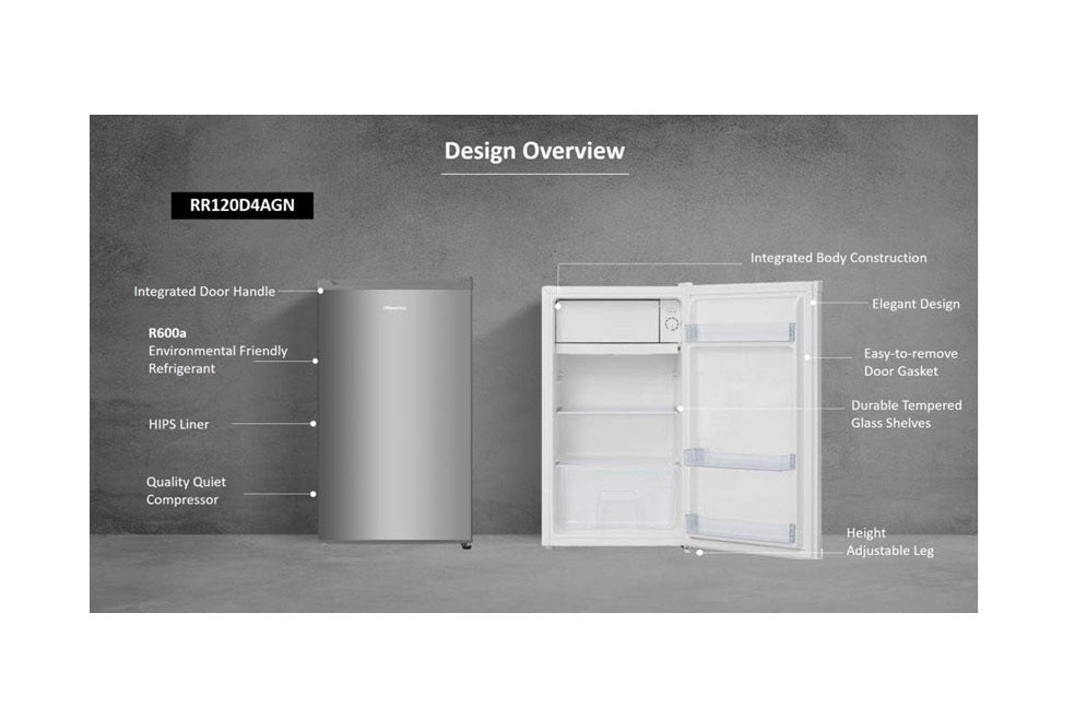 Hisense RR122D4ASU Single Door Refrigerator, 122L Net / 130L Gross, Internal Freezer, Silver
