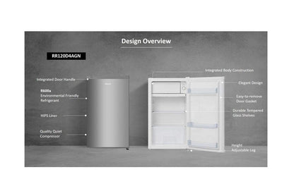 Hisense RR122D4ASU Single Door Refrigerator, 122L Net / 130L Gross, Internal Freezer, Silver