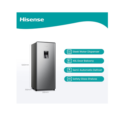 Hisense RR233N4WSU 233L Single Door Compact Refrigerator, Water Dispenser, Silver