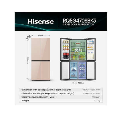 Hisense RQ5G470SBK3 Cross Door American Fridge Freezer, 457L, My Fresh Choice, Dual-Tech Cooling, Khaki Glass
