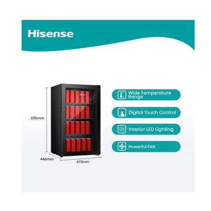 Hisense RBC122N4ASU Beverage Cooler 122L Gross / 91L Net, 69 Cans or 113 Bottles, Glass Door, Digital Touch Control, Black