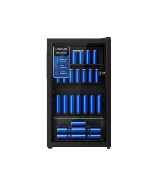 Krome KR-BC120DM 120L Beverage Cooler, Single Glass Door, Blue LED Lighting, 2 Glass Shelves — Black