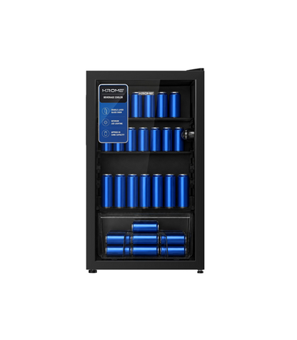 Krome KR-BC120DM 120L Beverage Cooler, Single Glass Door, Blue LED Lighting, 2 Glass Shelves — Black