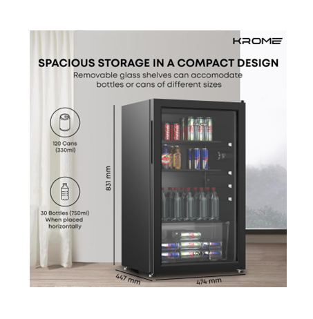 Krome KR-BC120DM 120L Beverage Cooler, Single Glass Door, Blue LED Lighting, 2 Glass Shelves — Black