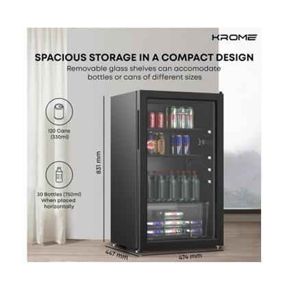 Krome KR-BC120DM 120L Beverage Cooler, Single Glass Door, Blue LED Lighting, 2 Glass Shelves — Black