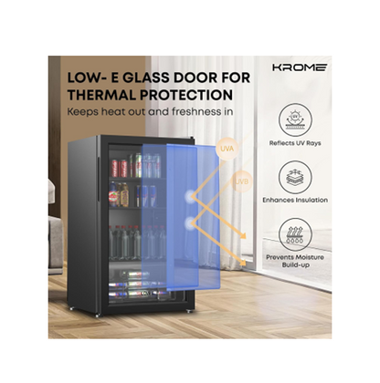 Krome KR-BC120DM 120L Beverage Cooler, Single Glass Door, Blue LED Lighting, 2 Glass Shelves — Black