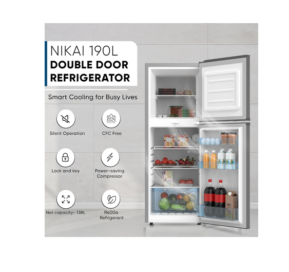 Nikai NRF190DN4S Double Door Refrigerator, 190L Gross/138L Net, Vegetable Crisper, Silver