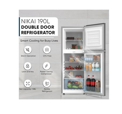 Nikai NRF190DN4S Double Door Refrigerator, 190L Gross/138L Net, Vegetable Crisper, Silver