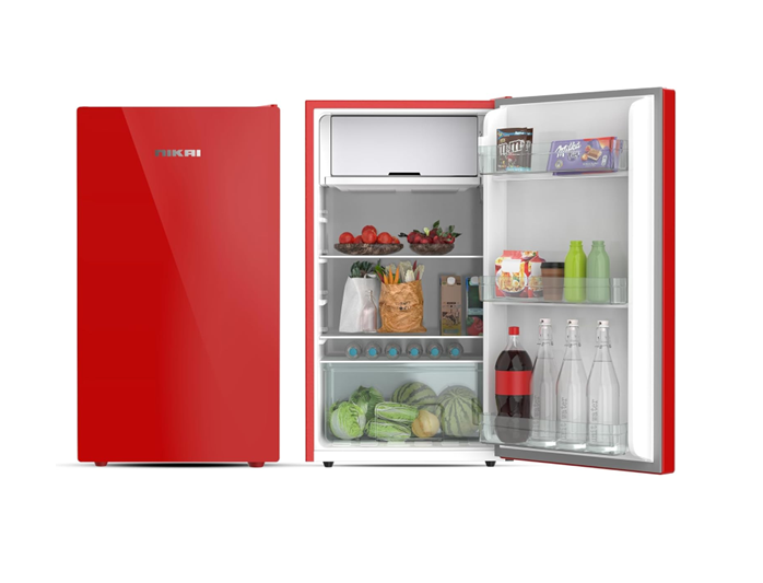 Nikai NRF140GR Single Door Mini Refrigerator, 140L Gross / 90L Net, Glass Finish, Chiller Compartment, 2L Bottle Holder — Red