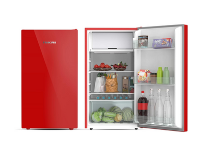 Nikai NRF140GR Single Door Mini Refrigerator, 140L Gross / 90L Net, Glass Finish, Chiller Compartment, 2L Bottle Holder — Red