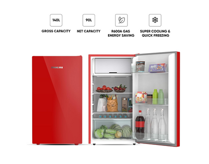 Nikai NRF140GR Single Door Mini Refrigerator, 140L Gross / 90L Net, Glass Finish, Chiller Compartment, 2L Bottle Holder — Red