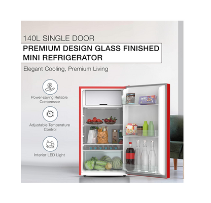 Nikai NRF140GR Single Door Mini Refrigerator, 140L Gross / 90L Net, Glass Finish, Chiller Compartment, 2L Bottle Holder — Red