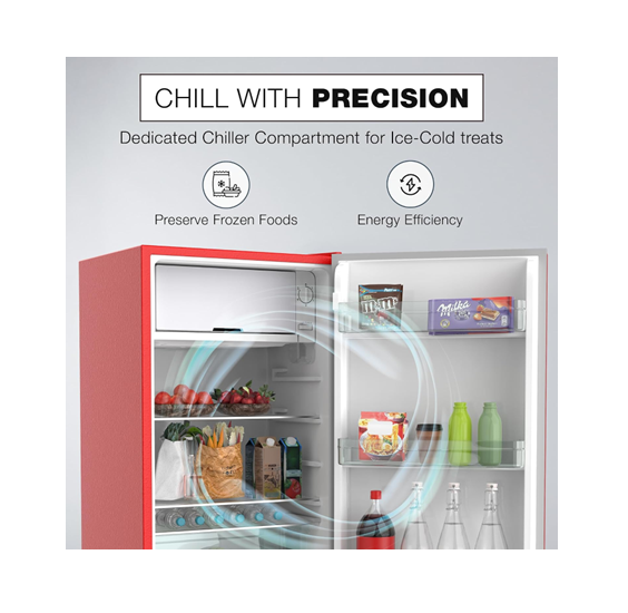 Nikai NRF140GR Single Door Mini Refrigerator, 140L Gross / 90L Net, Glass Finish, Chiller Compartment, 2L Bottle Holder — Red