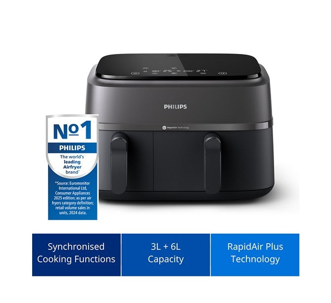Philips 3000 Series Dual Basket Air Fryer 9L, 2750W, Touchscreen with 8 Presets, Rapid Air Technology, Black - NA350/00