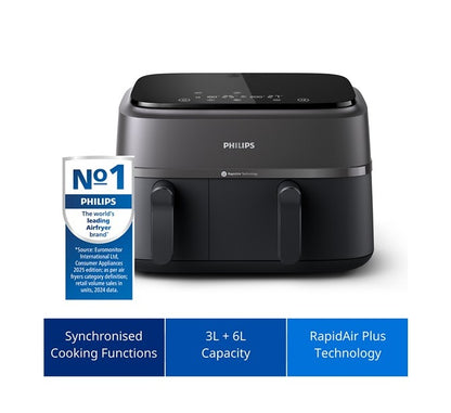 Philips 3000 Series Dual Basket Air Fryer 9L, 2750W, Touchscreen with 8 Presets, Rapid Air Technology, Black - NA350/00