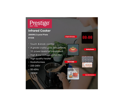Prestige PR81536 Double Infrared Cooktop, 2800W, Crystal Glass Plate, Touch & Knob Control, 10 Power Levels