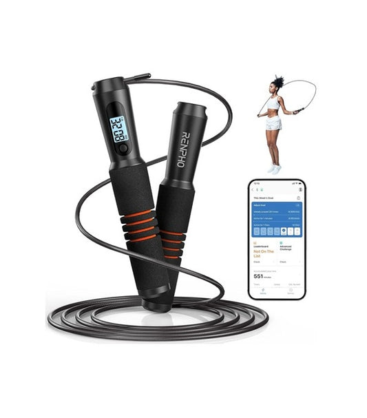 RENPHO R-Q001 Smart Jump Rope, Bluetooth App Tracking, LCD Display, 3 Modes, Adjustable 3m — Black