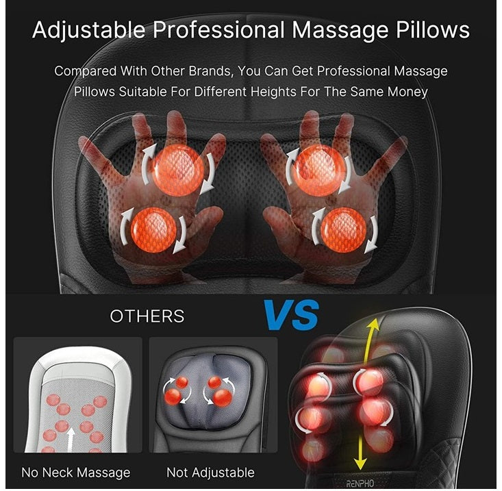 RENPHO Shiatsu Chair Massager,Cushion with Heat For Neck, Back and Shoulder With Adjustable Height RF-BM066-BK, CHAIR PRO