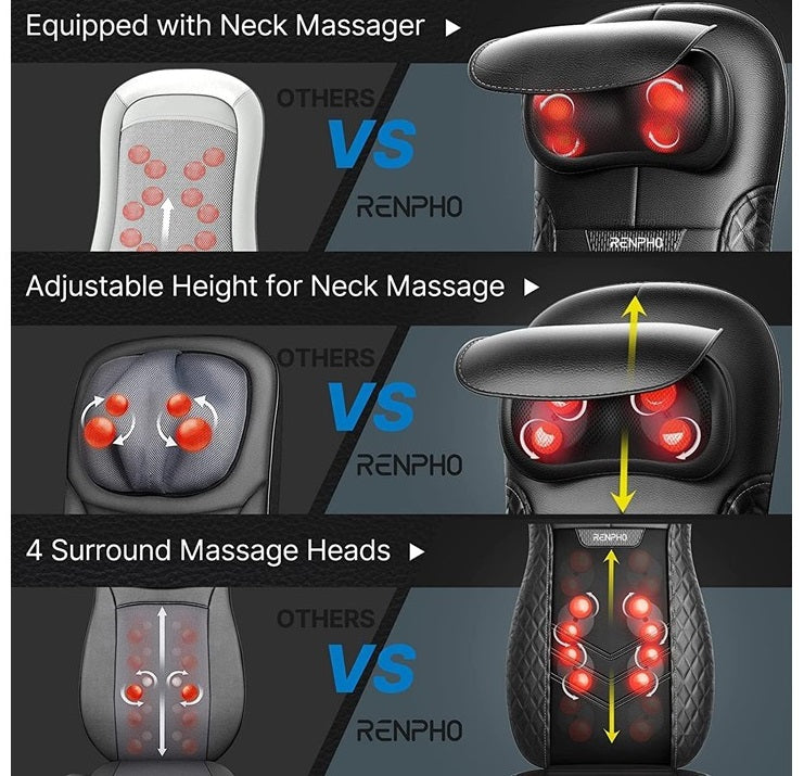 RENPHO Shiatsu Chair Massager,Cushion with Heat For Neck, Back and Shoulder With Adjustable Height RF-BM066-BK, CHAIR PRO