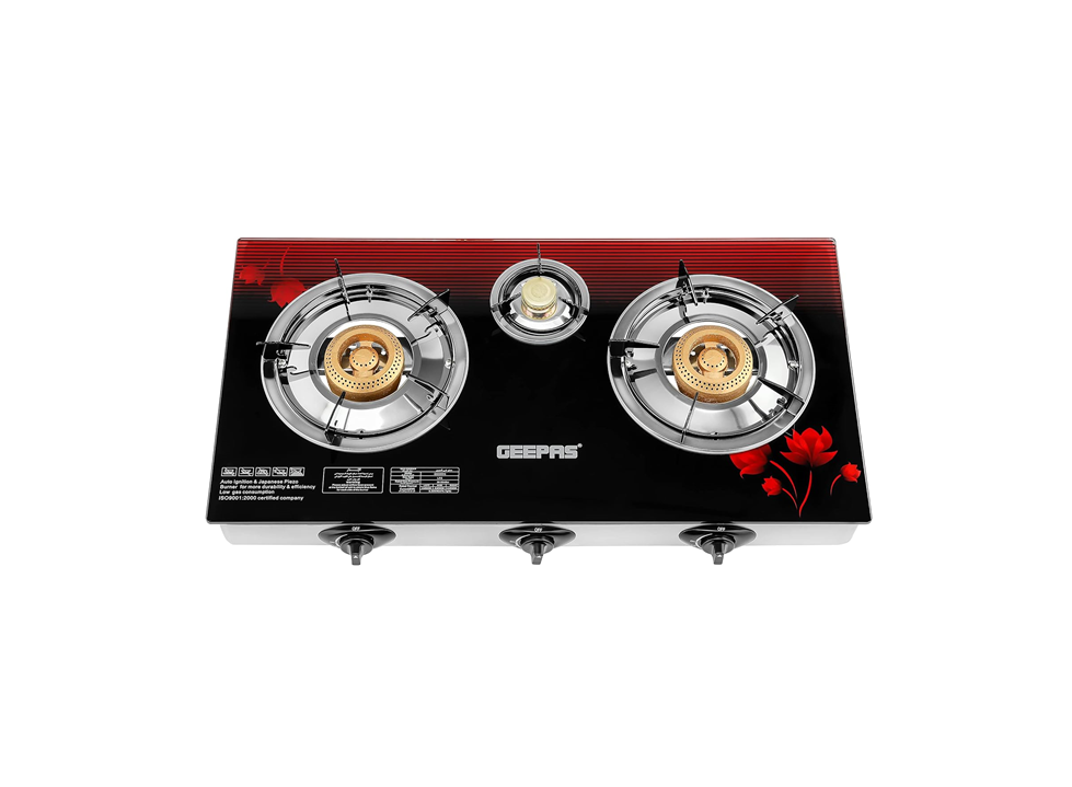 Geepas 3 Burner Gas Stove with Automatic Ignition and  Premium Glass Design, GGC31012