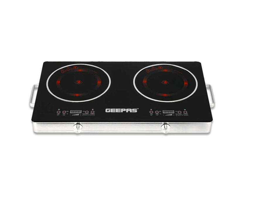 Geepas GIC6131 Double Burner Infrared Cooker, 3600W Ceramic Hob with 99-Minute Timer, 9 Heat Settings & Child Lock — Black