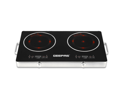 Geepas GIC6131 Double Burner Infrared Cooker, 3600W Ceramic Hob with 99-Minute Timer, 9 Heat Settings & Child Lock — Black