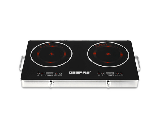 Geepas GIC6131 Double Burner Infrared Cooker, 3600W Ceramic Hob with 99-Minute Timer, 9 Heat Settings & Child Lock — Black