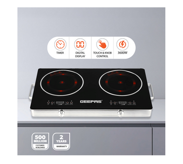 Geepas GIC6131 Double Burner Infrared Cooker, 3600W Ceramic Hob with 99-Minute Timer, 9 Heat Settings & Child Lock — Black