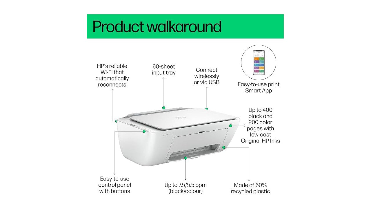 HP DeskJet Ink Advantage 2875 All-in-One Wireless Printer, Print Copy Scan, White