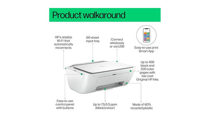 HP DeskJet Ink Advantage 2875 All-in-One Wireless Printer, Print Copy Scan, White