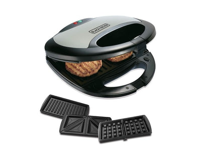 BLACK+DECKER 3-In-1 Sandwich, Grill & Waffle Maker, 750W, 2 Slice, Non-Stick Interchangeable Plates, Black - TS2090-B5, 2 Year Warranty