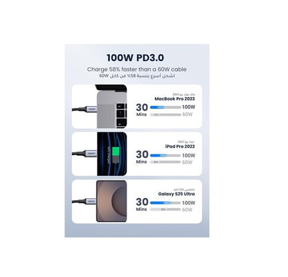 UGREEN 90120 USB-C to USB-C Cable, 3M, 100W PD Fast Charging, Braided Nylon, USB 2.0 Data