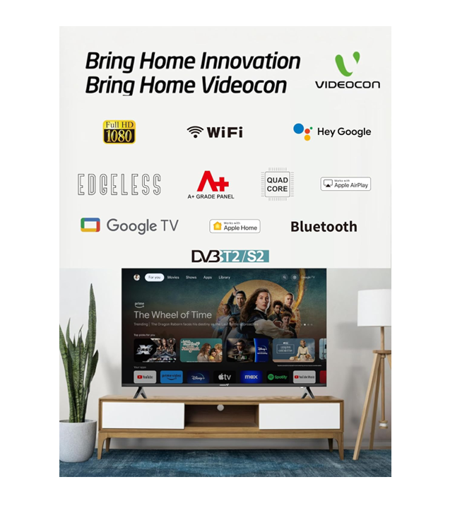 Videocon E43ELGT1100 43-Inch Edgeless Full HD Google TV, "Hey Google" Voice Remote, Chromecast Built-In, Bluetooth — Black