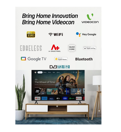 Videocon E43ELGT1100 43-Inch Edgeless Full HD Google TV, "Hey Google" Voice Remote, Chromecast Built-In, Bluetooth — Black