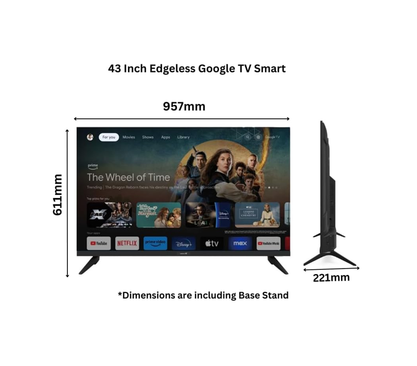 Videocon E43ELGT1100 43-Inch Edgeless Full HD Google TV, "Hey Google" Voice Remote, Chromecast Built-In, Bluetooth — Black
