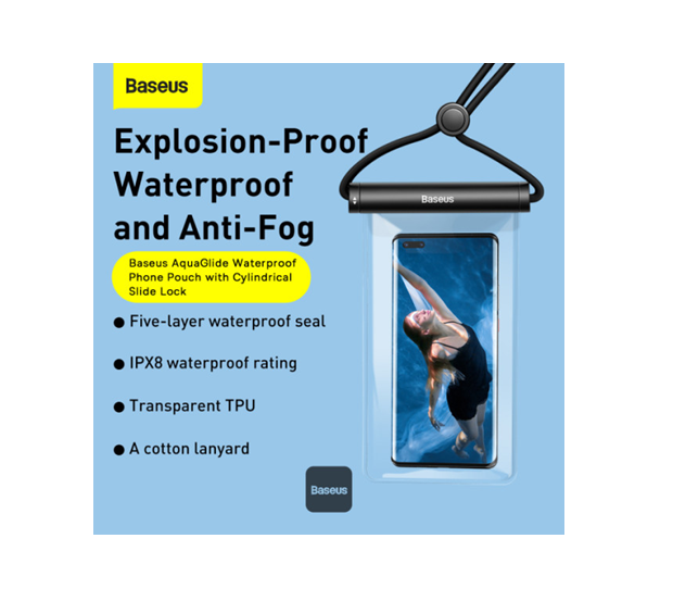 Baseus AquaGlide Waterproof Phone Pouch, IPX8 Certified to 30m, Cylindrical Slide Lock, Fits Phones up to 7.2" — White