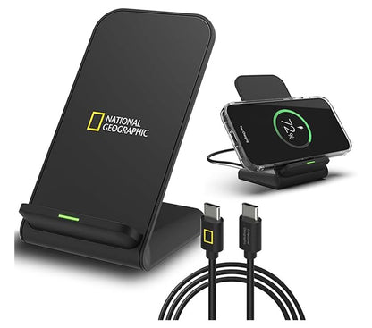 National Geographic Wireless Charger Stand-Slim 15W Fast Charge, Dual Coil, FOD Sensor, Qi Certified For iPhone 16 Pro Max/16 Pro/15/14, Samsung S25/24/S23/S22, Fold 6/5 Quick Charge